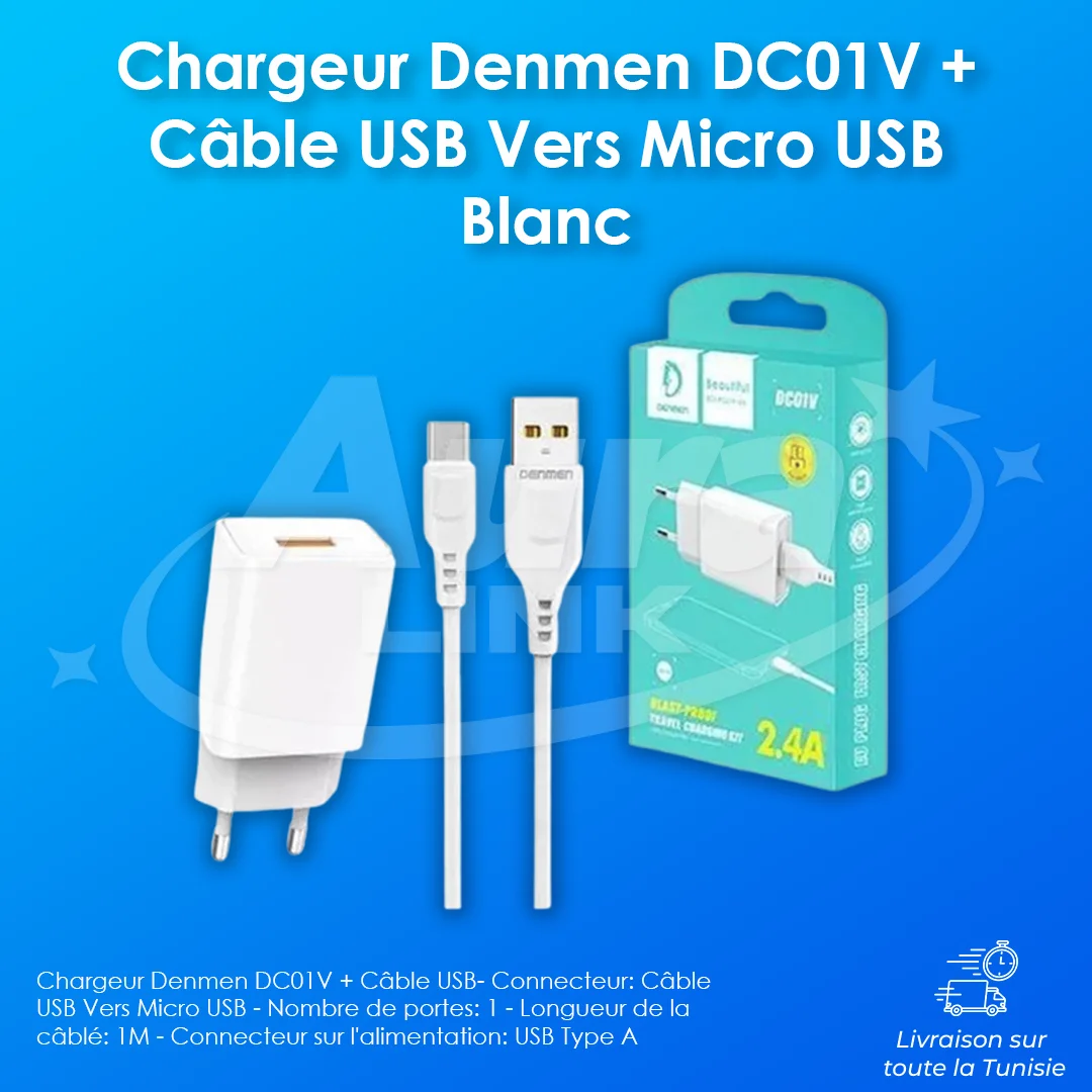 Chargeur Denmen DC01V + Câble USB Vers Micro USB Blanc